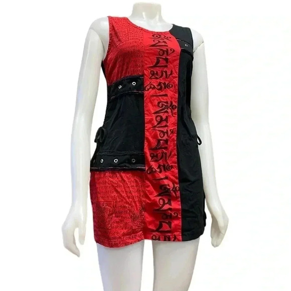 Leopards & Roses Made  In Nepal Black Red Mini Sleeveless Dress Size Medium - Picture 2 of 15
